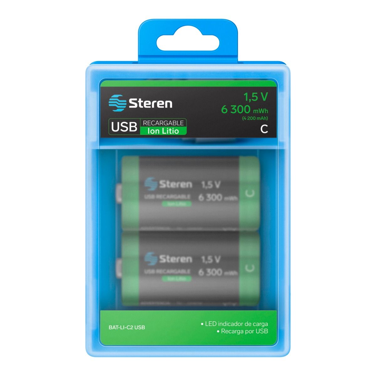 2 baterías recargables USB Li-ion tipo C, de 6300 mWh