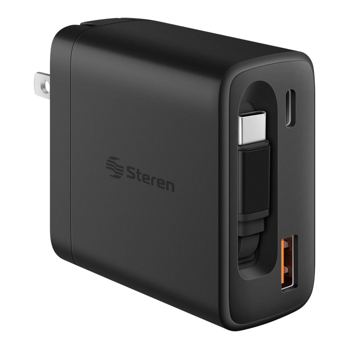 Cargador GaN USB C PD 65 W / USB QC 18 W, con cable retráctil incorporado