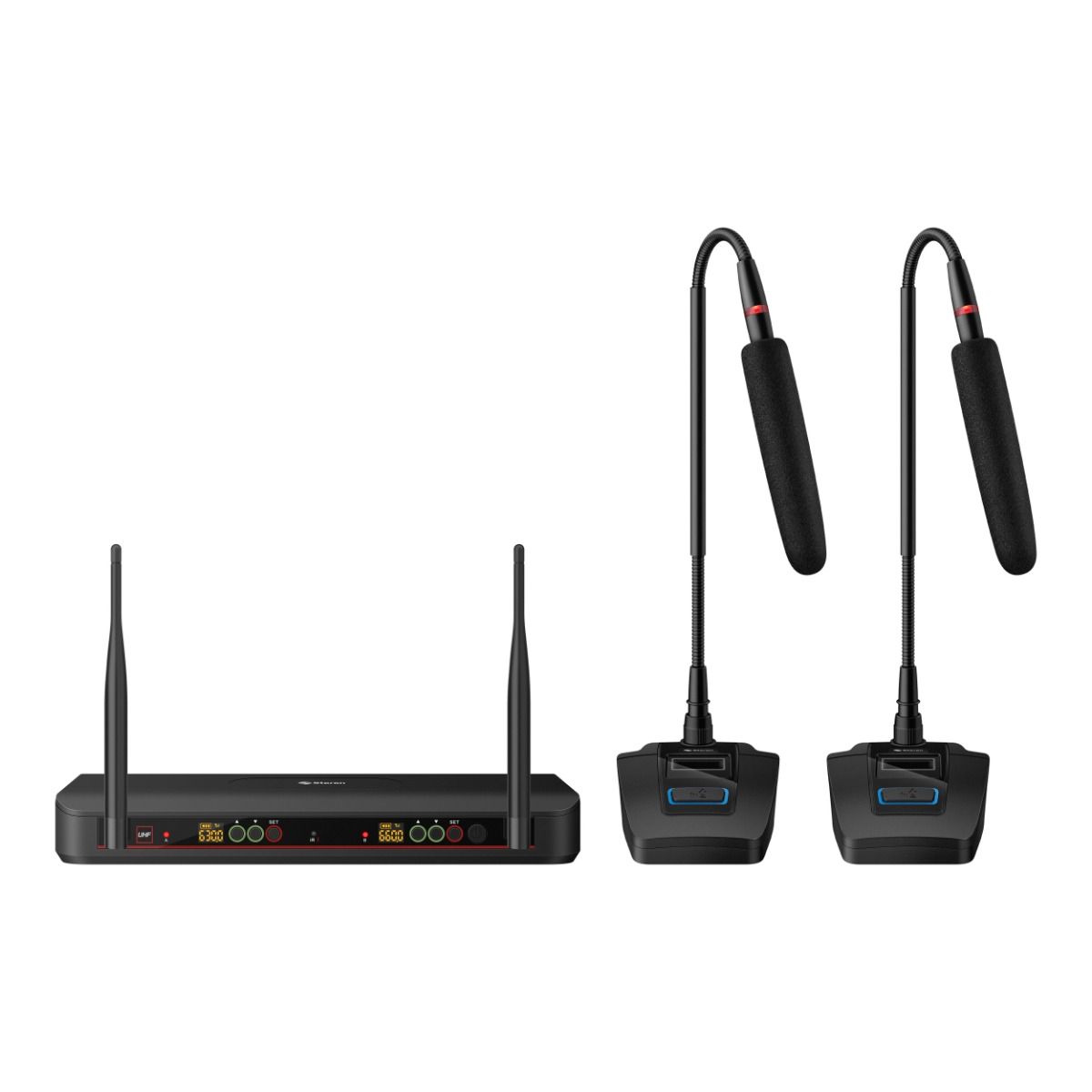 Sistema de 2 micrófonos inalámbricos UHF con selector automático de frecuencia, batería recargable y cuello flexible