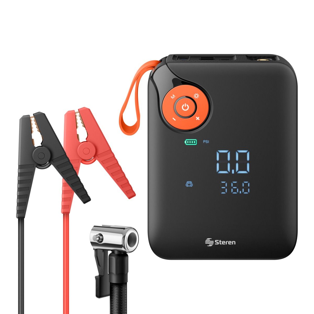 Arrancador para carro compacto o SUV, inflador de llantas, power bank y linterna LED