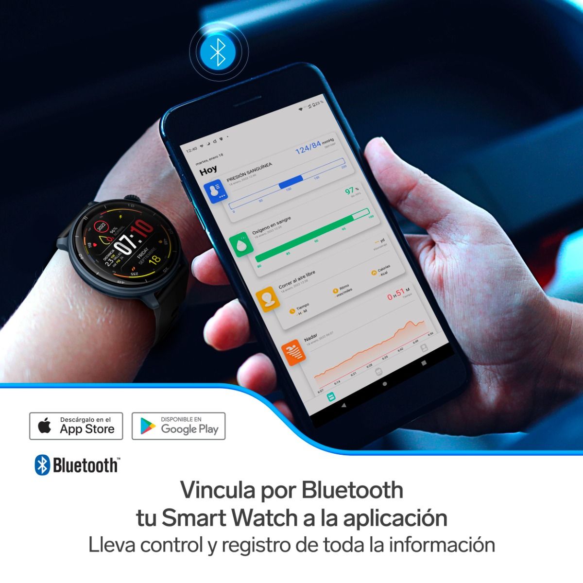Smart Watch Bluetooth* Touch AMOLED* con función GPS, 1.4”, 3 ATM, 22 mm