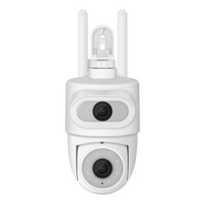 Cámara de seguridad Wi-Fi de doble lente 2 Mpx + 2 Mpx robotizada tipo domo para exterior con seguidor de movimiento, compatible con asistentes de voz